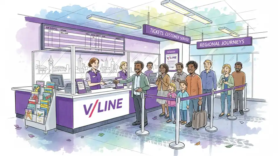 V/Line ticket counter at regional train station with staff assisting passengers