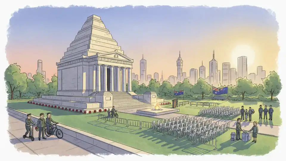 Shrine of Remembrance in Melbourne with early morning lighting and ceremonial setup for ANZAC Day service