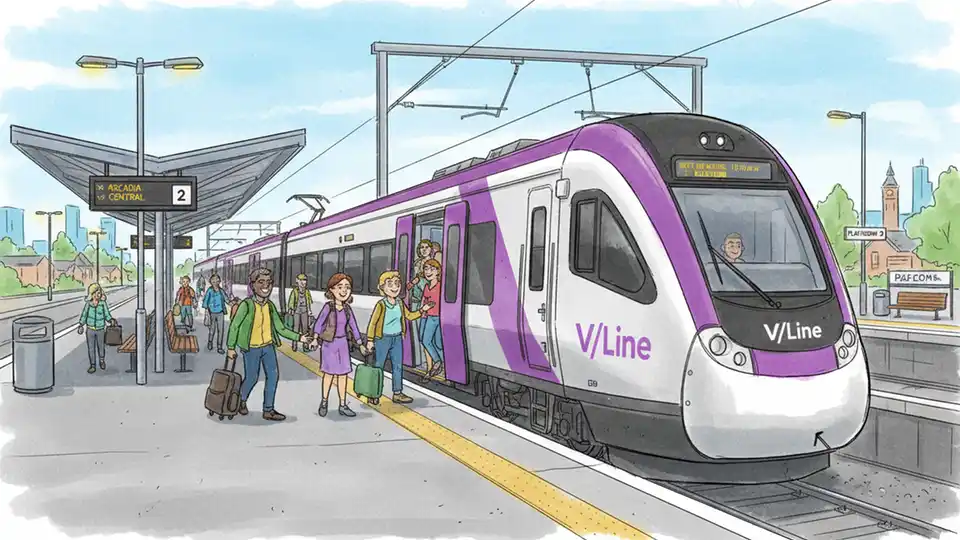 V/Line regional train at station platform in Victoria with passengers boarding and station amenities visible