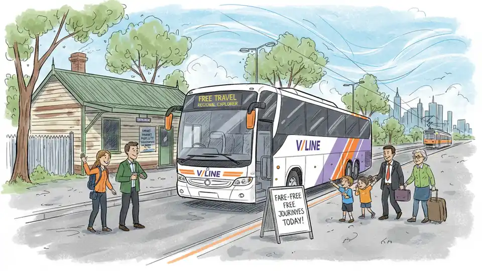V/Line coach at regional station with fare-free service signage visible