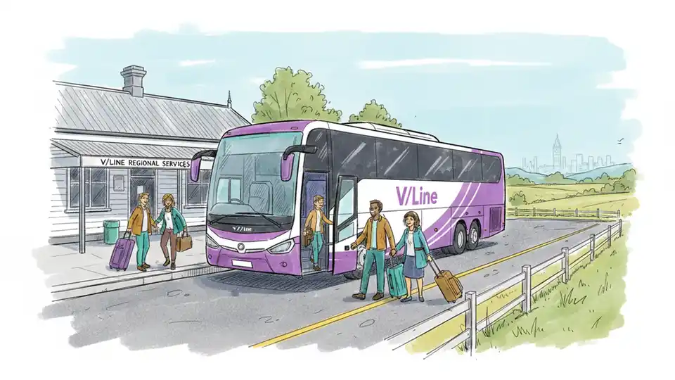 V/Line coach bus at regional station stop, passengers with luggage waiting to board, rural Victoria setting with station building in background