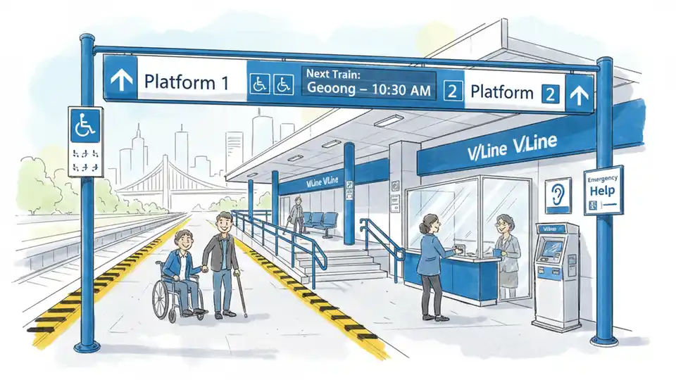 Accessible features at V/Line station including signage and customer service area