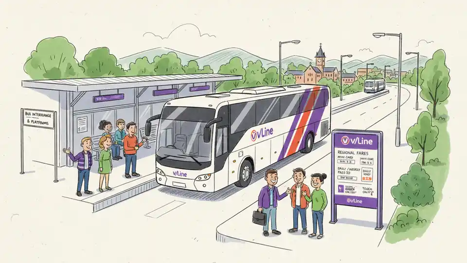 V/Line coach at regional station with fare information signage