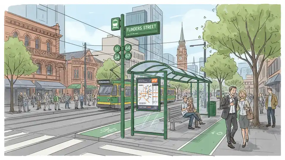 Tram stop sign and shelter on Melbourne street corner showing route number and stop information, with pedestrians walking nearby
