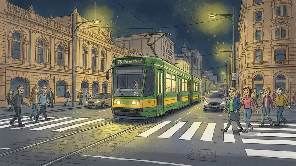 Yarra Trams Route 75 tram traveling through Melbourne CBD at night on Spring Street with historic buildings and street lighting