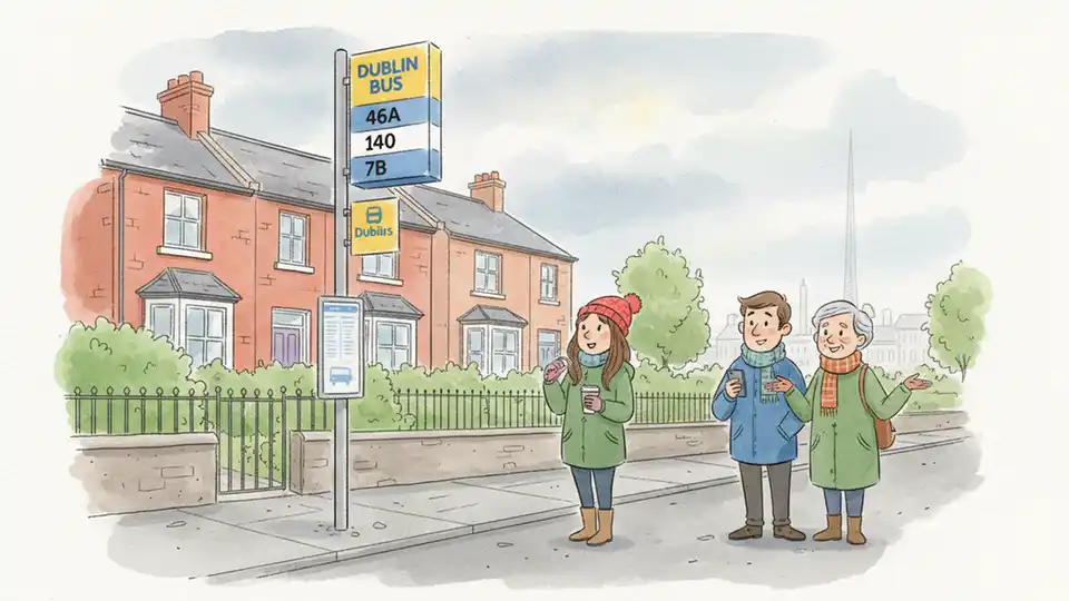 Dublin Bus stop sign with route number display at suburban stop location with passengers waiting