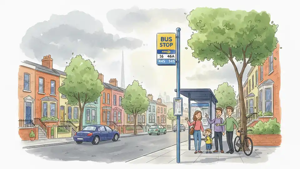 Dublin Bus stop sign with route number display in residential Dublin neighborhood