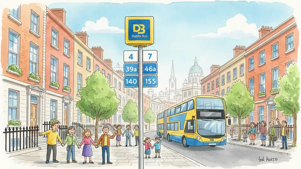 Dublin Bus stop sign showing multiple route numbers with city center buildings in background