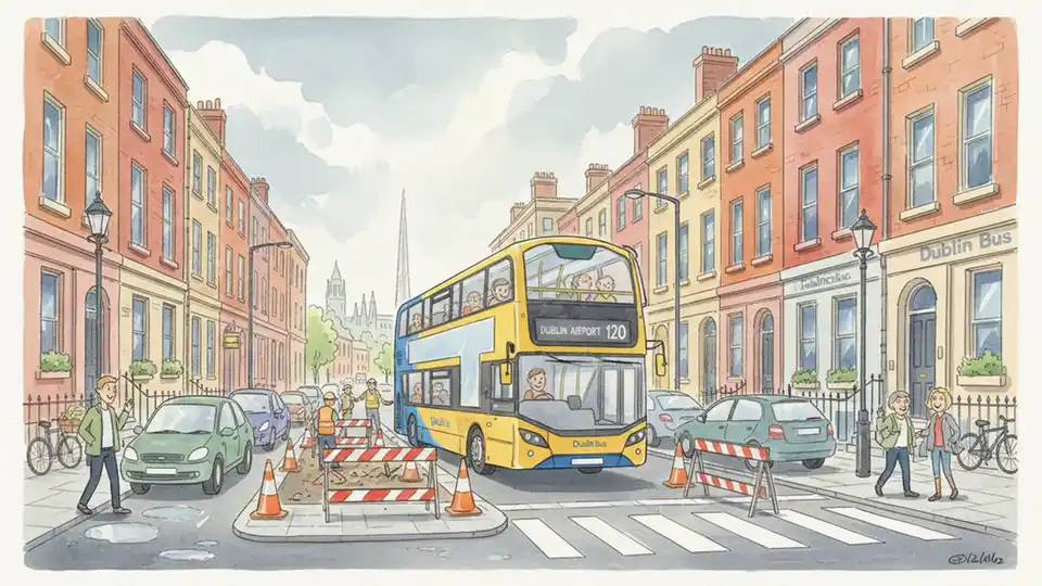 Dublin Bus double-decker navigating detour on Gardiner Street with passengers aboard during morning service hours