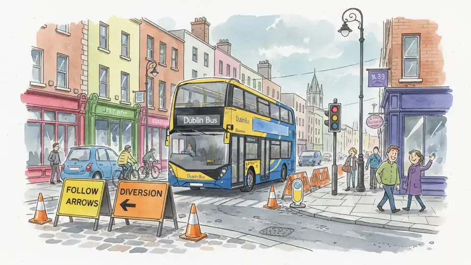 Dublin Bus vehicle navigating detour route with temporary signage visible on city street