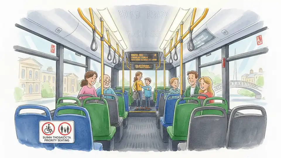 Interior view of modern bus showing passenger seating area and information displays