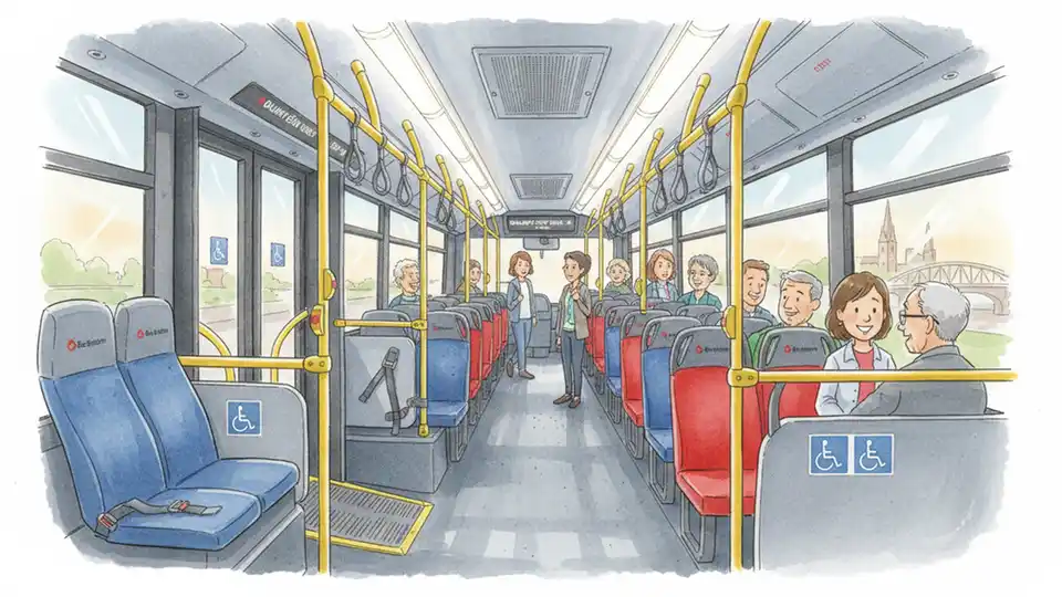 Bus Éireann bus interior showing wheelchair accessibility features and passenger seating area