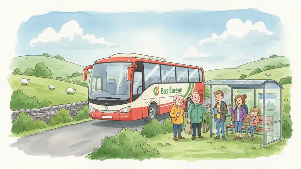 Irish regional bus on rural road with passengers waiting at shelter