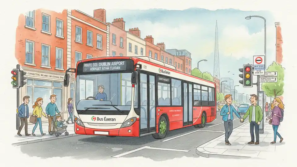 Bus Éireann bus on Dublin street showing front and side exterior