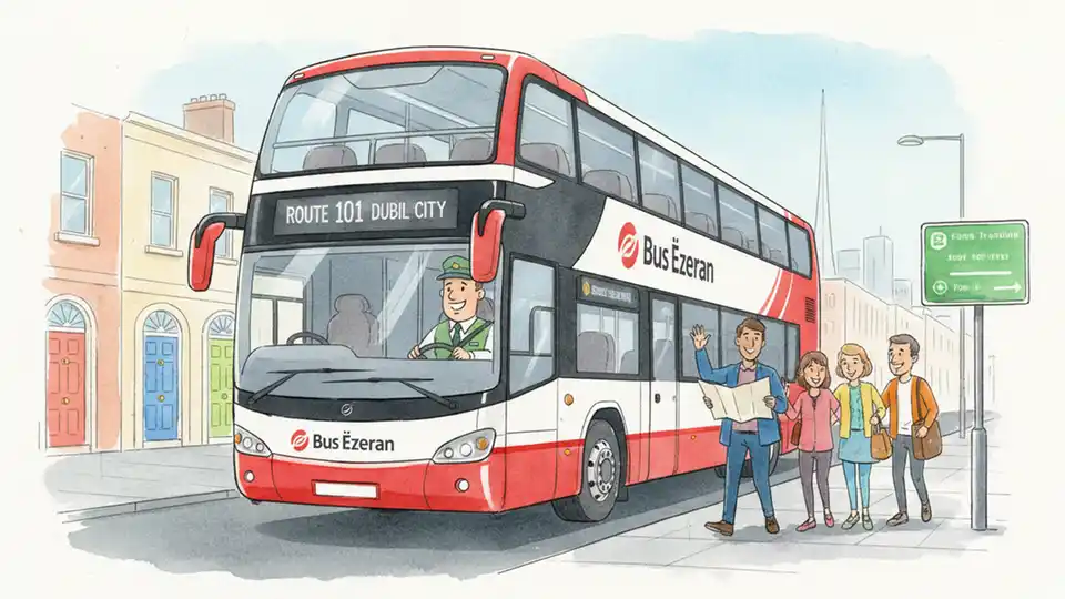 Bus Eireann bus on route with driver visible through windshield