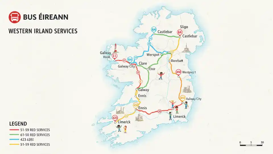 Bus Éireann route map showing western Ireland service area with multiple route numbers