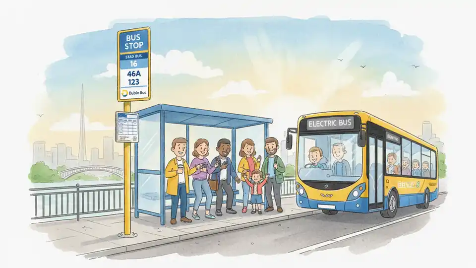 Bus stop sign with route number and schedule information in Ireland