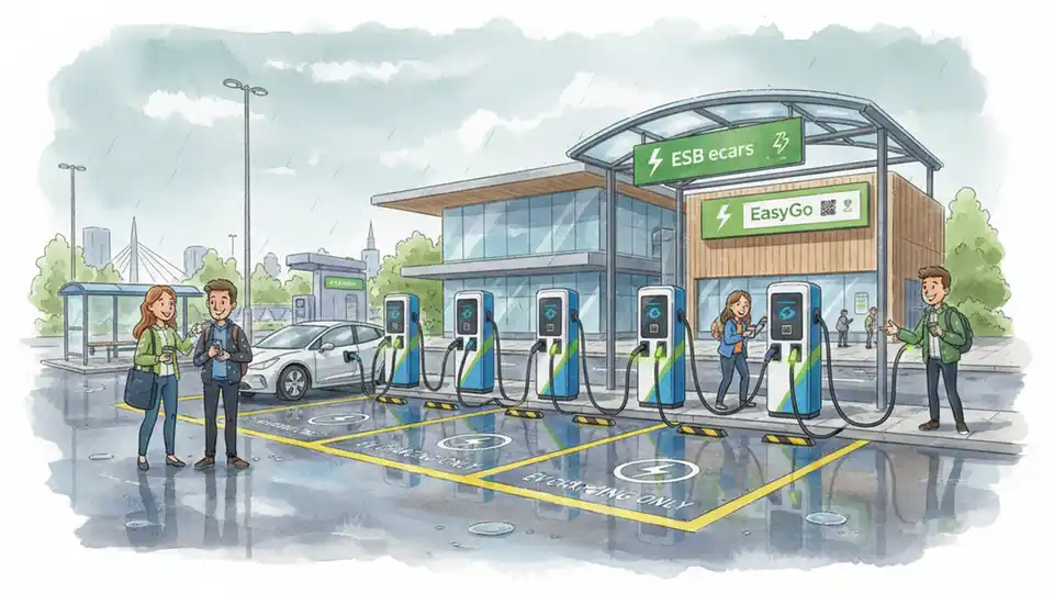 Electric vehicle charging stations at modern transit facility parking lot