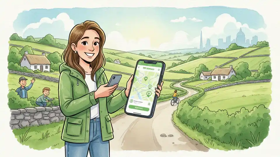 Passenger using smartphone app to book TFI Anseo demand-responsive transport service in rural Ireland