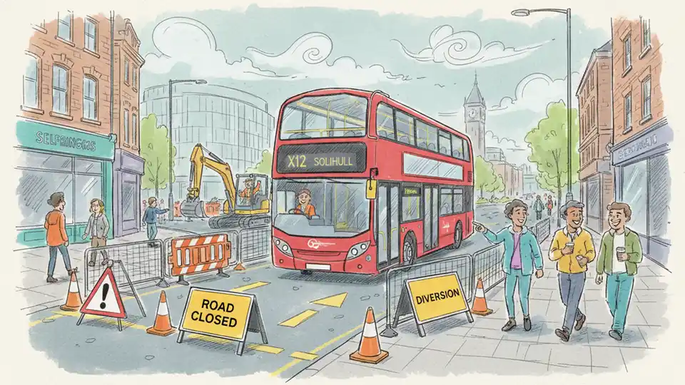 Birmingham bus navigating street detour with road closure signs and construction barriers visible in urban setting