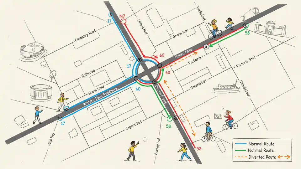 Birmingham bus route map showing Coventry Road Green Lane Victoria Street intersection with route diversion markers