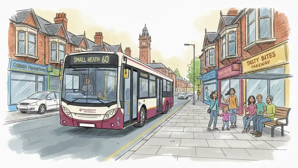 NX West Midlands bus on urban street in Small Heath neighborhood with residential buildings and shops visible