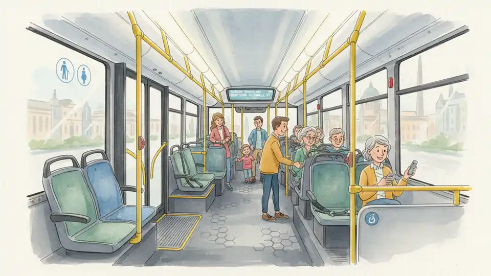Interior of modern electric bus showing passenger seating and accessibility features