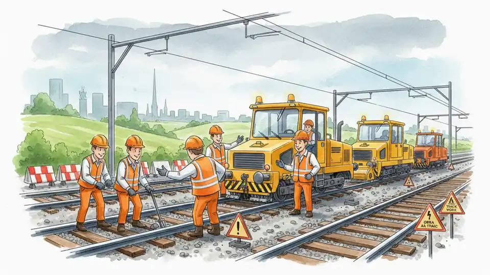 Railway maintenance equipment and workers performing track work on Irish rail line, showing engineering infrastructure and safety equipment