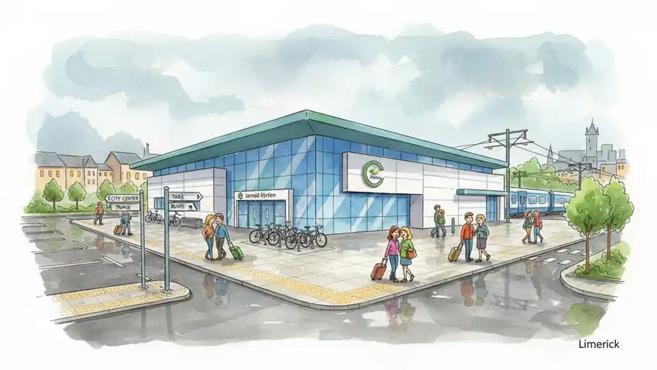 Limerick Colbert Train Station exterior with pedestrian walkway leading toward city center, showing rail transit access point for event attendees