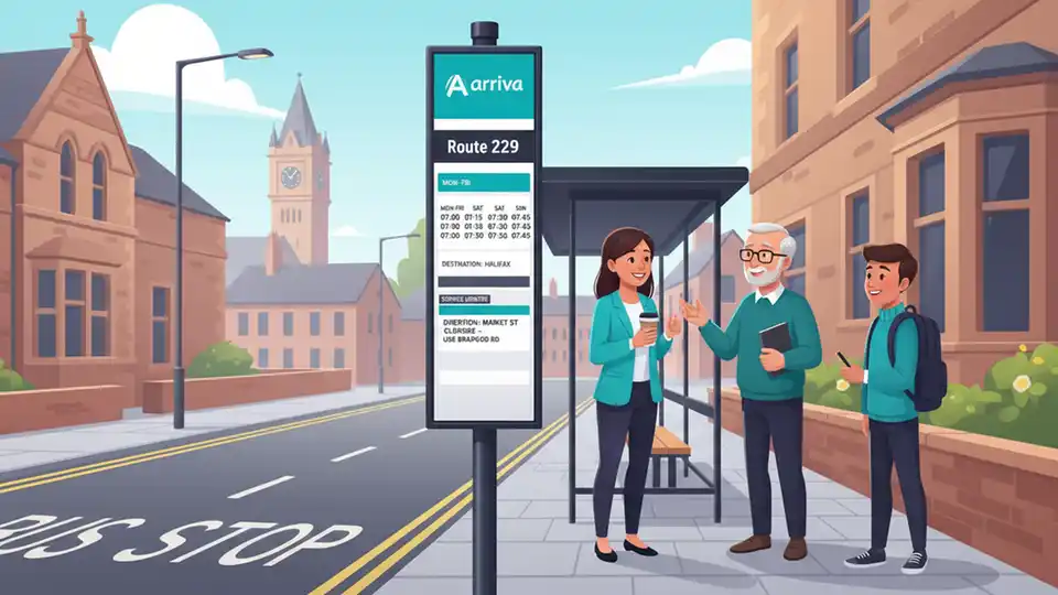 Arriva bus stop sign showing Route 229 service information with passengers waiting at Huddersfield area stop. Alt text: Route 229 bus stop Huddersfield Arriva service diversion information. Composition: Close-up of route signage with schedule details visible, showing typical passenger waiting area.