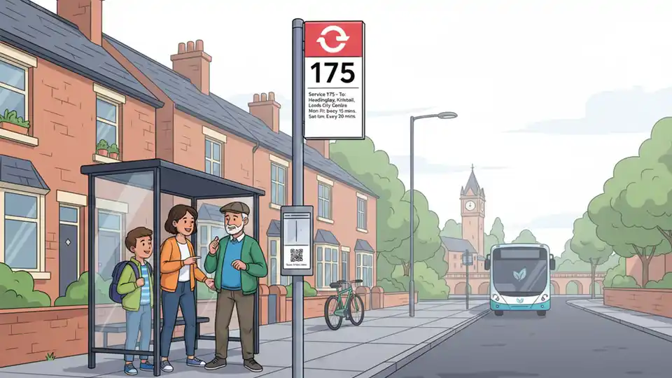 Bus stop sign on residential street in Yorkshire showing Route 175 service information with houses visible in background