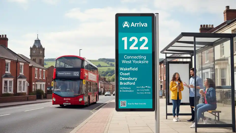 Bus stop sign showing route 122 service information with Arriva UK Bus branding in West Yorkshire