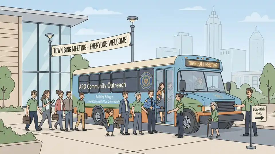 Shuttle bus at pickup location with Atlanta Police Department community outreach signage and residents boarding for town hall meeting