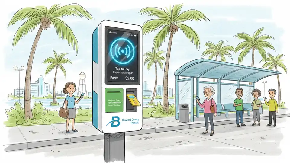 Fare payment terminal at Broward County Transit station showing contactless payment options and reduced fare card reader
