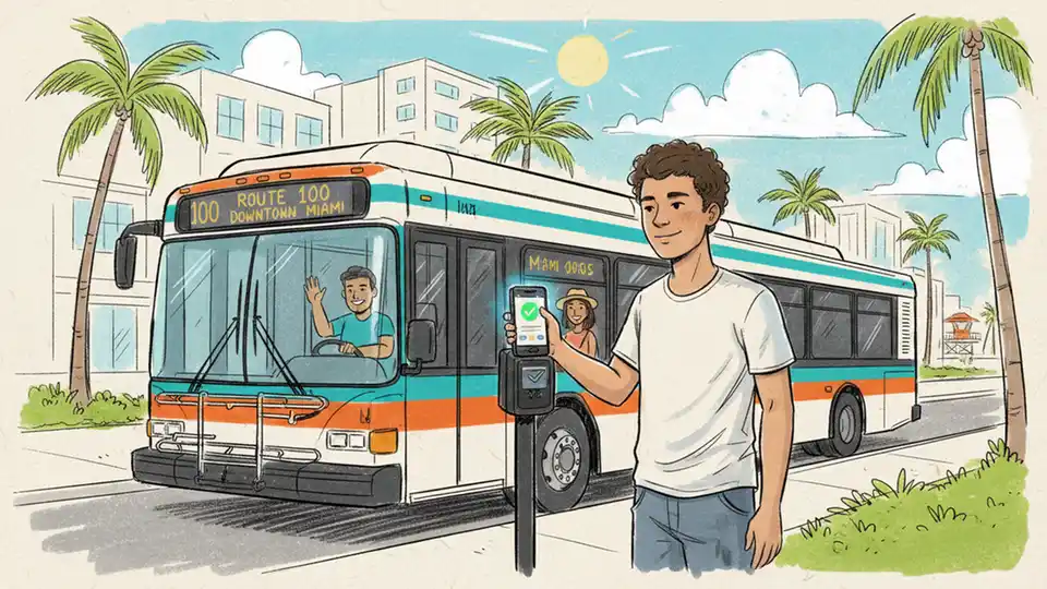 Transit rider using smartphone to scan mobile fare payment at bus entrance, with South Florida transit vehicle visible in background