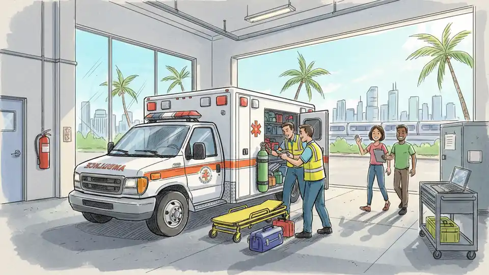 Ambulance vehicle inspection station with technician examining medical equipment and safety features