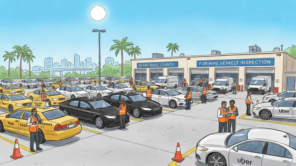 Miami-Dade County for-hire vehicle inspection facility with vehicles waiting for safety checks