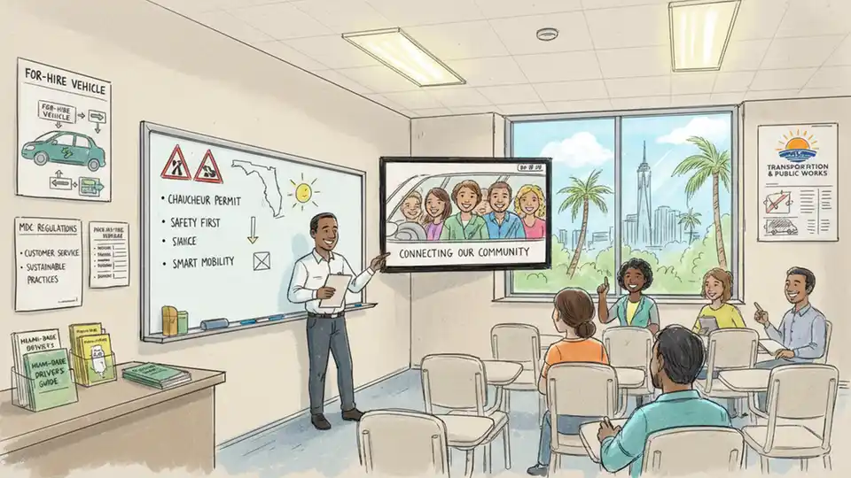 For-hire vehicle driver training classroom or licensing office in Miami-Dade County with instructional materials visible