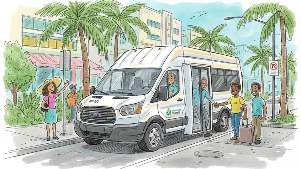 Miami-Dade County jitney van at passenger pickup location with county transit decals visible on vehicle exterior