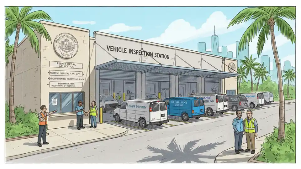 Miami-Dade County Vehicle Inspection Station with commercial vans awaiting safety inspection and permit decal issuance
