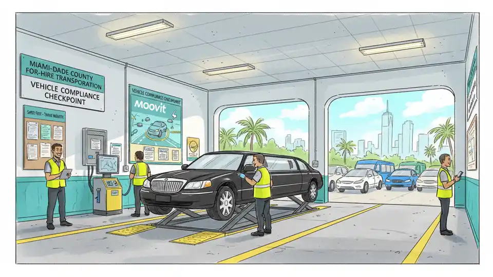 For-hire limousine inspection station in Miami-Dade County showing vehicle compliance check