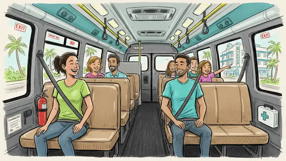 For-hire passenger van interior showing passenger seating configuration with safety equipment visible
