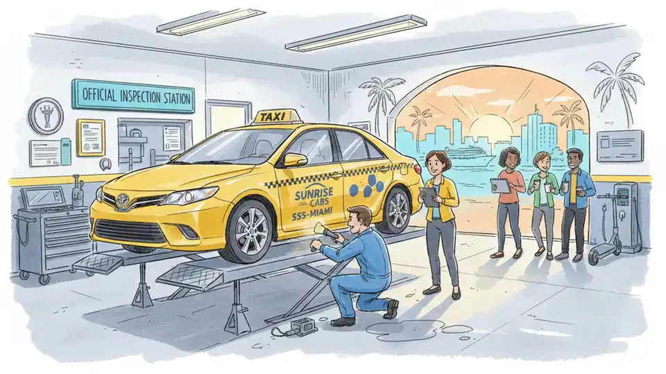 Taxi vehicle undergoing safety inspection at official inspection station with mechanic checking brake system