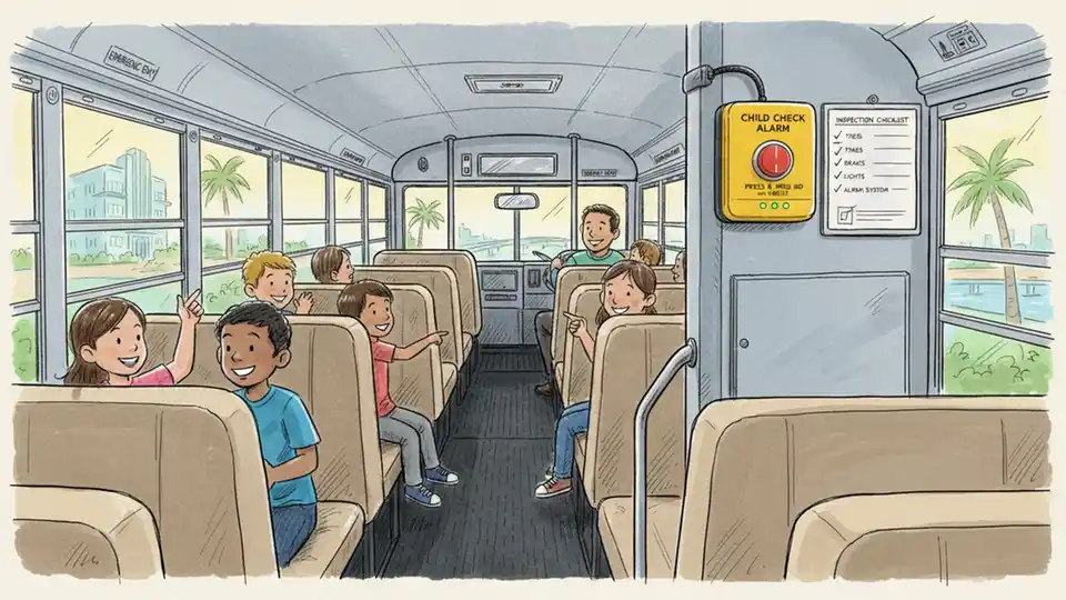 Interior view of private school bus showing child safety alarm system mounted near driver's seat with inspection checklist visible
