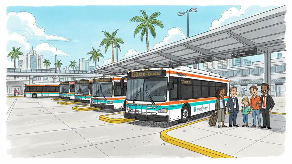 Miami Metrobus at Miami International Airport transit station with multiple buses at boarding area