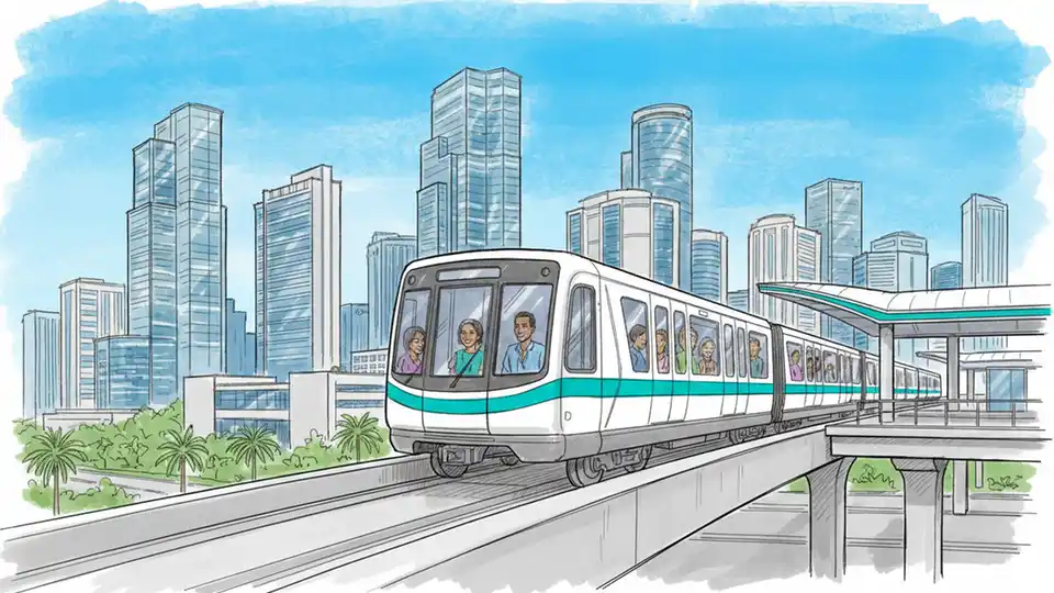 Miami-Dade Metromover train on elevated track approaching College/Bayside station with downtown Miami skyline in background