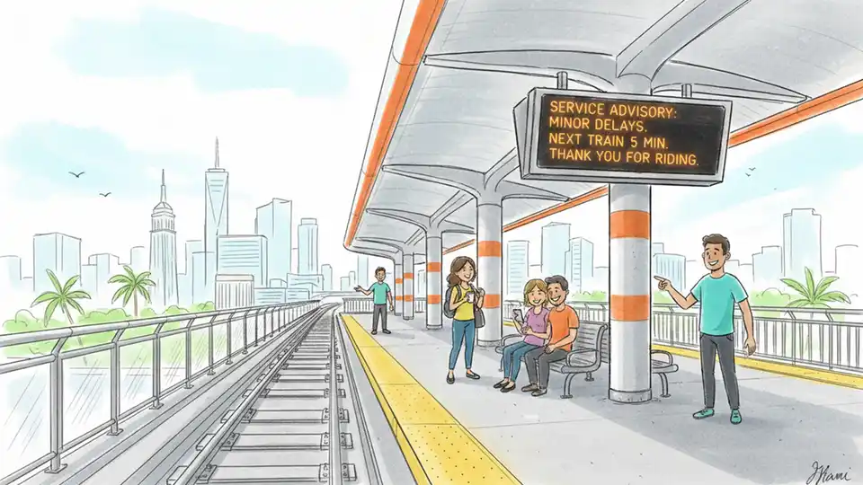 Metrorail station platform with digital information display showing service alert message to waiting passengers