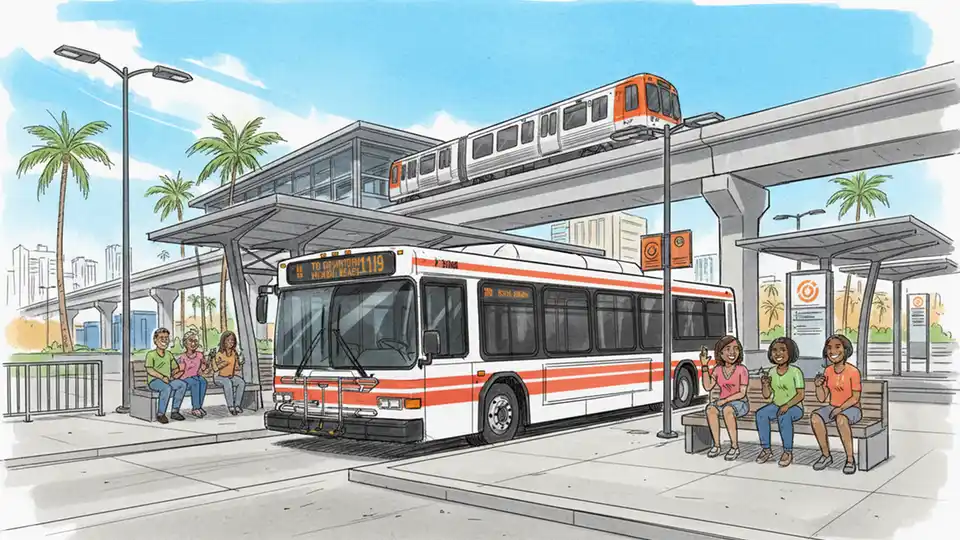 Miami-Dade Transit Metrobus at transit terminal with Metrorail station in background