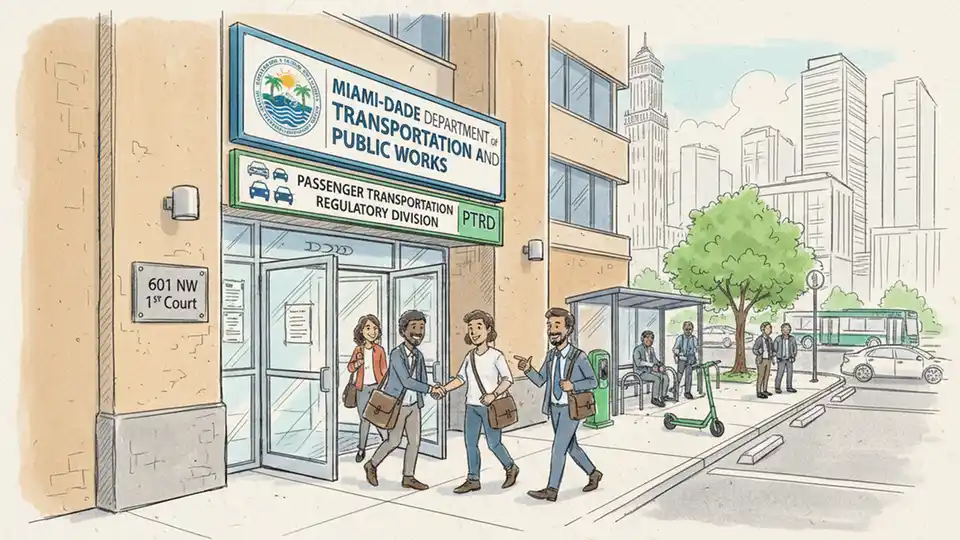 Miami-Dade Department of Transportation and Public Works office entrance at 601 NW 1st Court with signage for Passenger Transportation Regulatory Division