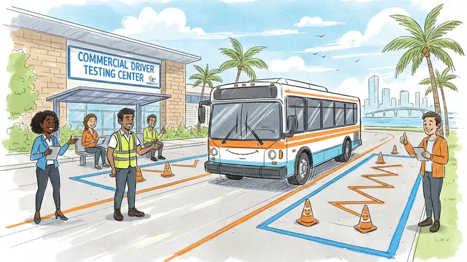 Commercial driver's license CDL testing facility with class B bus in background